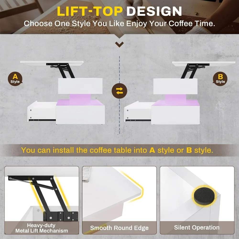 Stolik kawowy z oświetleniem LED i szufladami do salonu, kompaktowa konstrukcja z podnoszonym blatem.