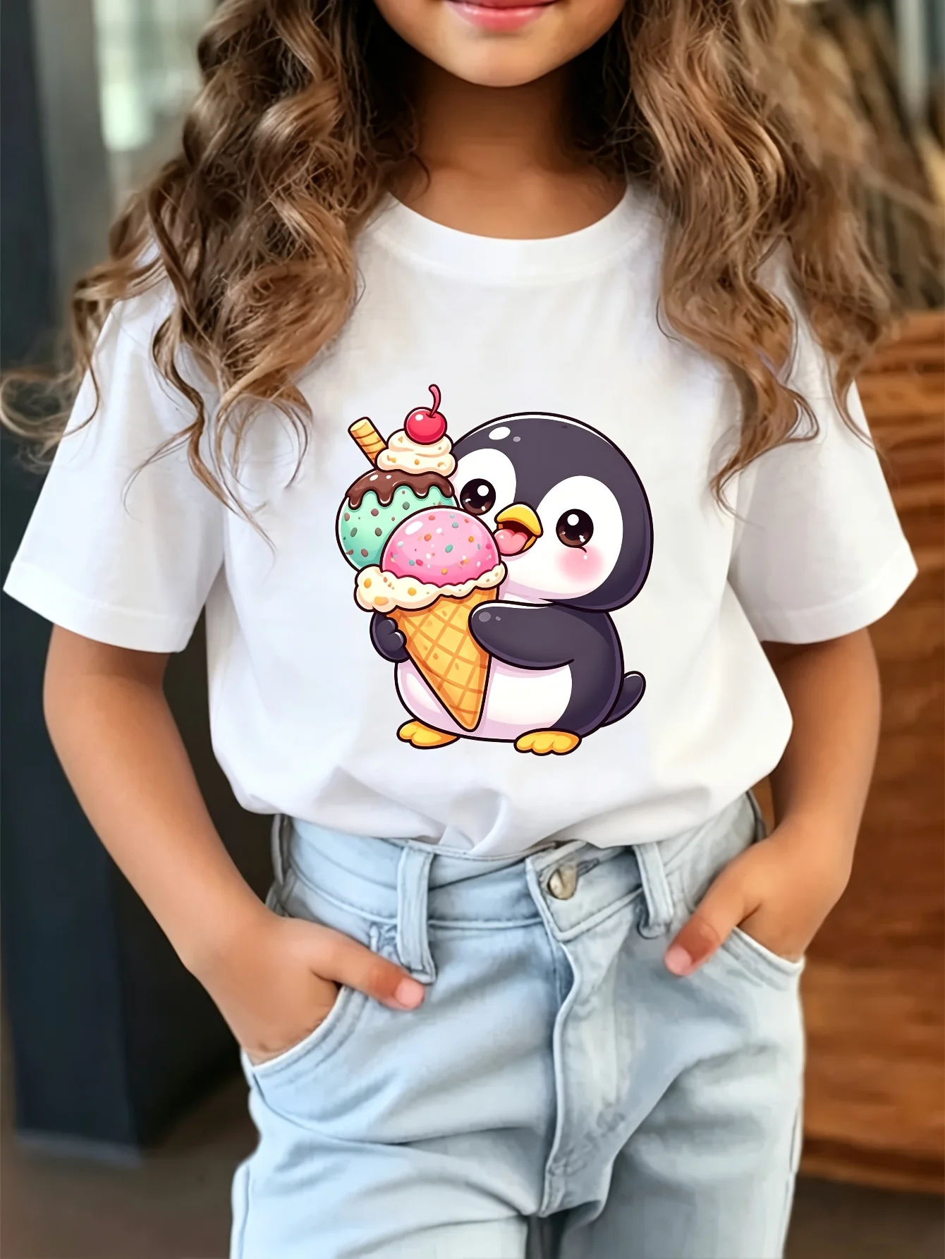 Kids Boys Girls Matching Tee Cute Penguin Ice Cream Cone Cherry Cartoon Graphic Short Sleeve Crew Neck Toddler Casual Outfit