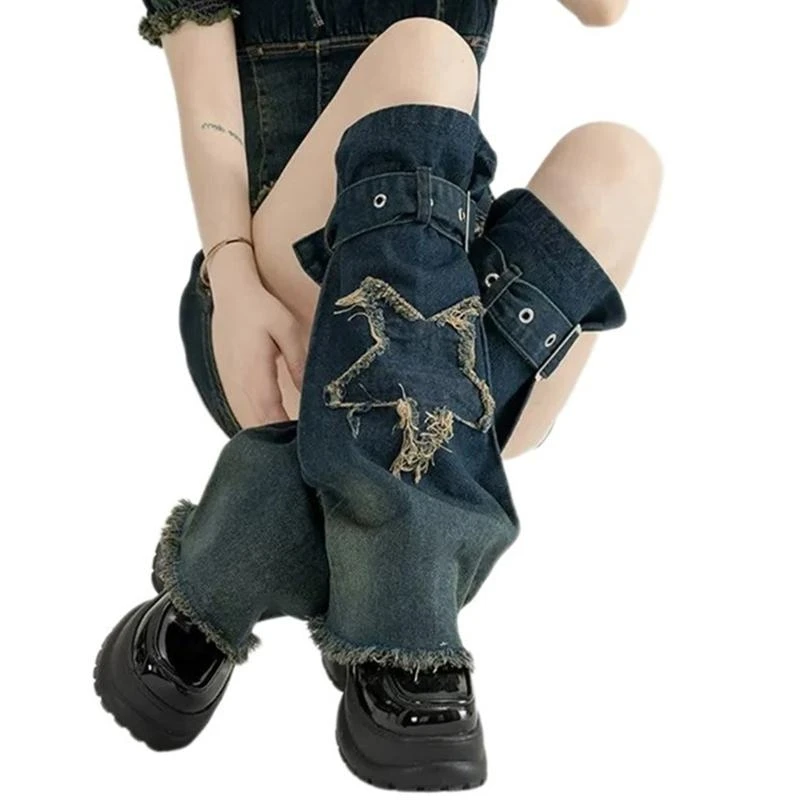 

Джинсы в стиле Харадзюку в стиле панк, гетры, расклешенный бандажный пояс, женские гетры с рваными крестами, джинсовые бахилы, в