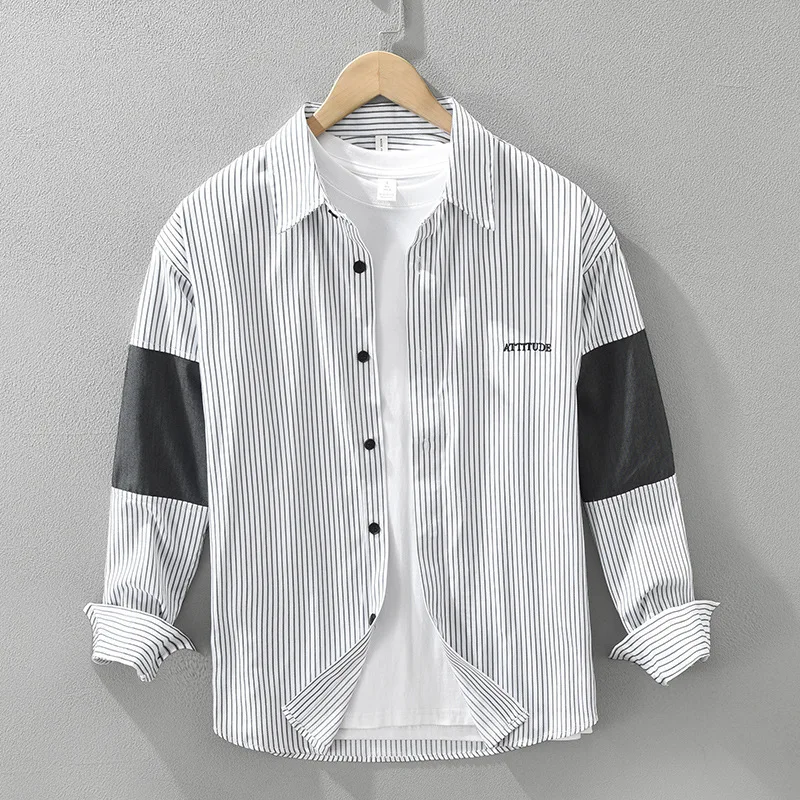 

Japanese Style Artistic Striped Long Sleeve Shirt for Men Versatile Patchwork Casual Embroidery Loose Fit Men's Wear Cityboys