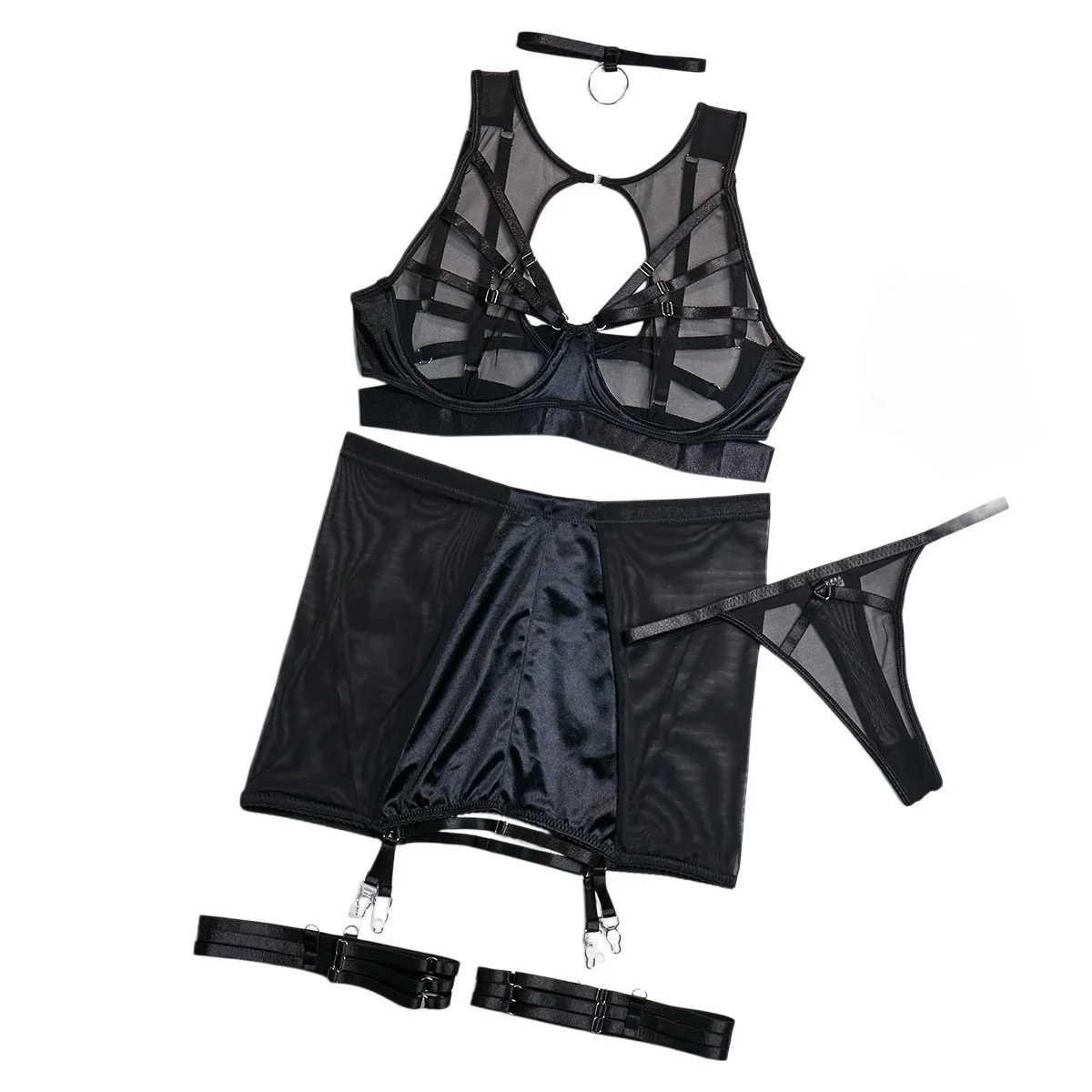 

Yimunancy Mesh Lingerie Set Women 5-Piece Sexy Transparent Bra Underwear Choker Sensual Erotic Set