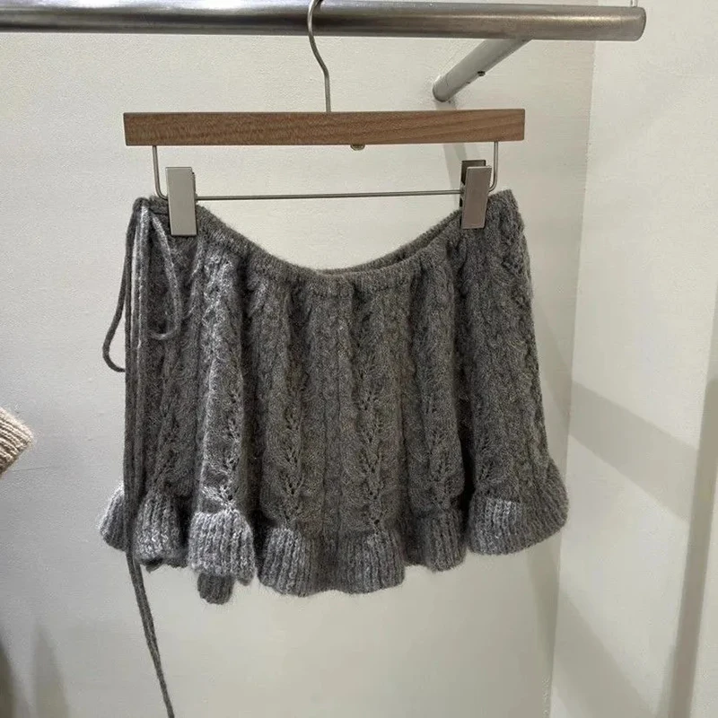Ruffled Casual Knit Mini Skirt Women High Waist Lace Up Vintage Hottie Skirts Korean Loose A Line Sweet Solid Simple New Skirt