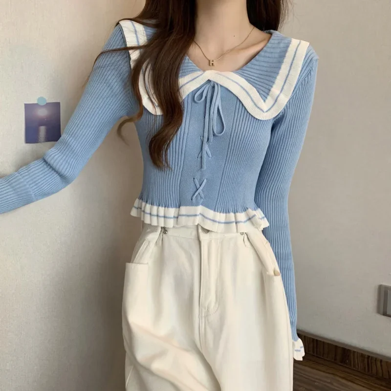 Retro Peter Pan Collar Sweet Women Sweaters Lovely Korean Preppy Style Fashion Simple Crops Aesthetic Patchwork Slim Knitting