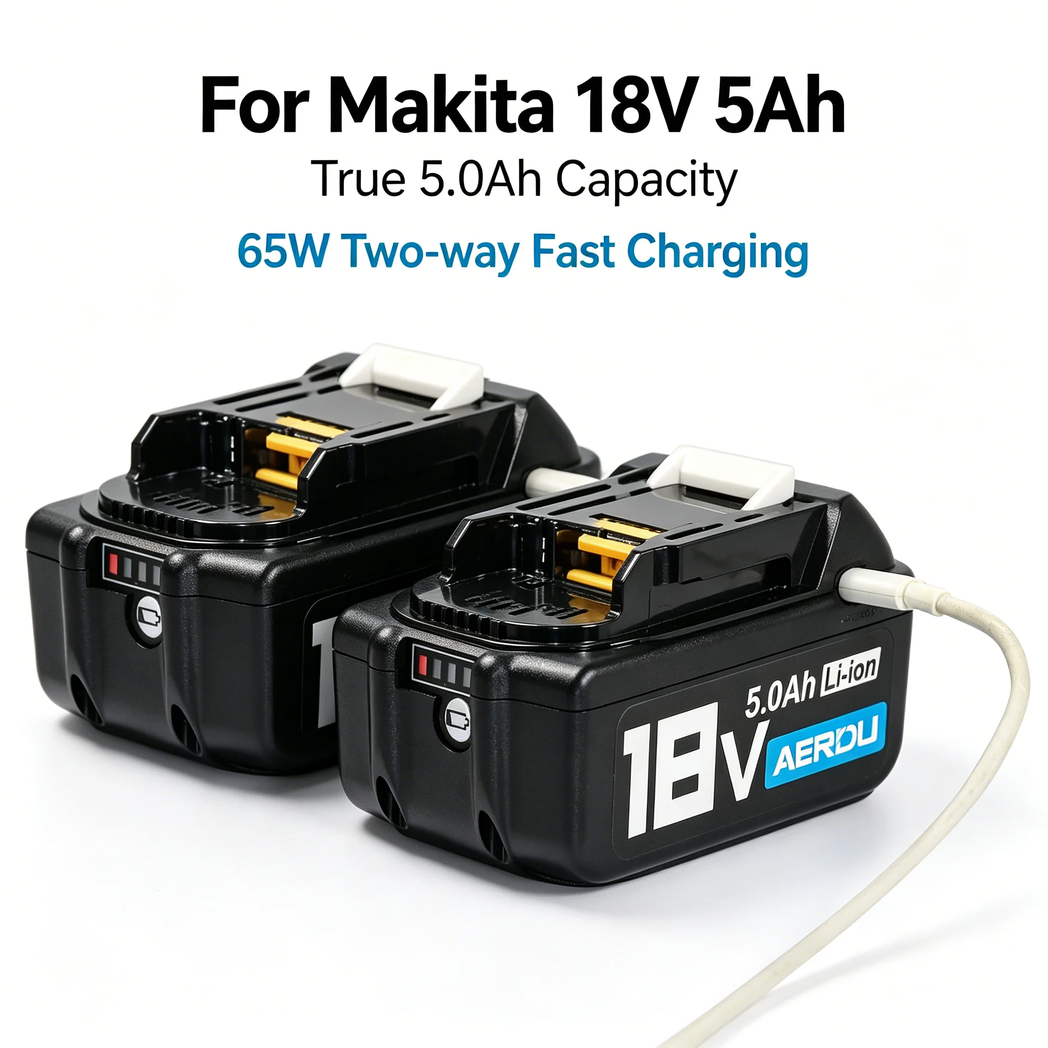 

AERDU 2PCS 5.0Ah Lithium-Ion Battery For Makita 20V MAX cordless power tools with USB-C PD64W Bidirectional Fast Charging