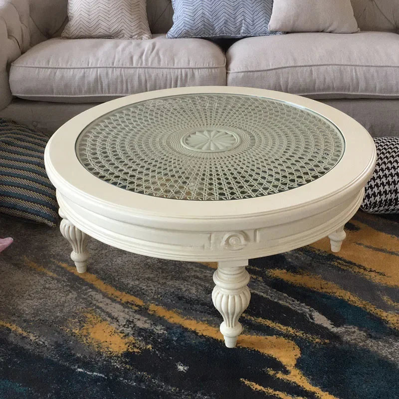American solid wood round retro old handmade rattan glass surface homestay simple style coffee table