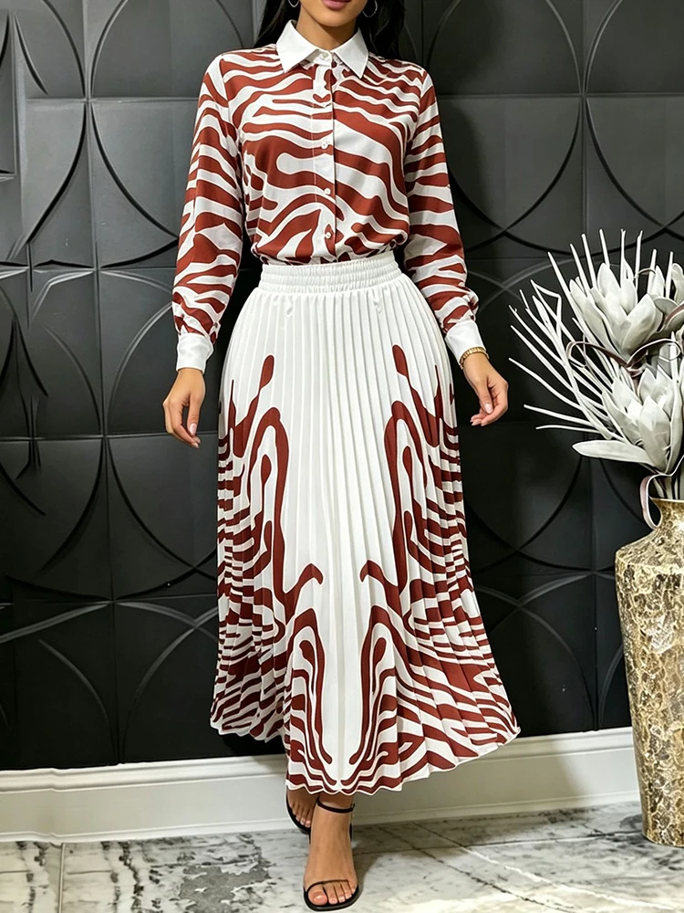 2 Piece Sets Woman Outfits Zebra Print Autumn Long Sleeve Shirt High Waist Pleated Maxi Skirt Elegant Fall Casual Set