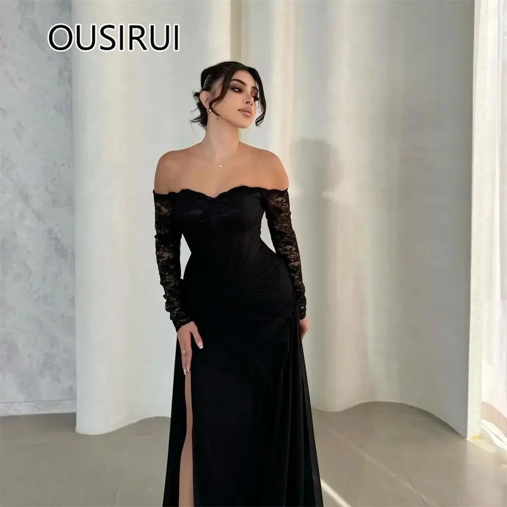 Luxury Off-Shoulder Saitn Bridesmaid Evening Party Dress Sheath Sexy Lace Side Split Court Backless Prom Gown with Long Sleeve