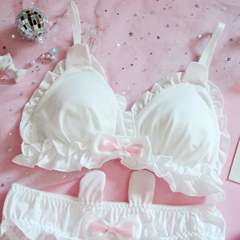 Japanese Lolita Kawaii Bow Ruffle White Underwear Set Sexy Female Cute Rabbit Ears Lingerie Women\'s Bra & Panties Set Bras