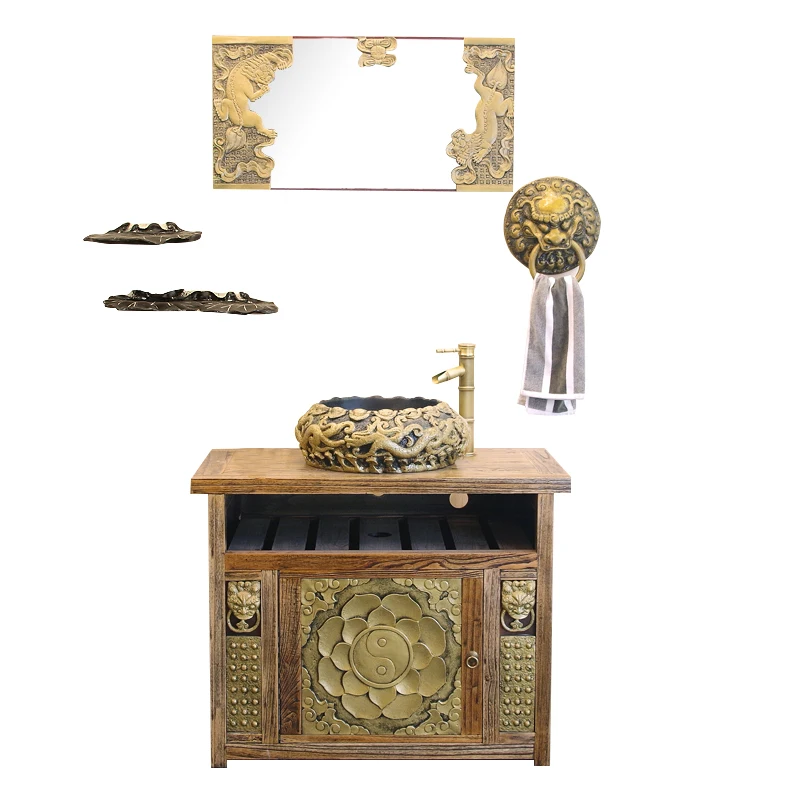 

New Chinese-style retro bathroom cabinet combination classical wash basin wash table new solid wood integrated bathroom cabinet
