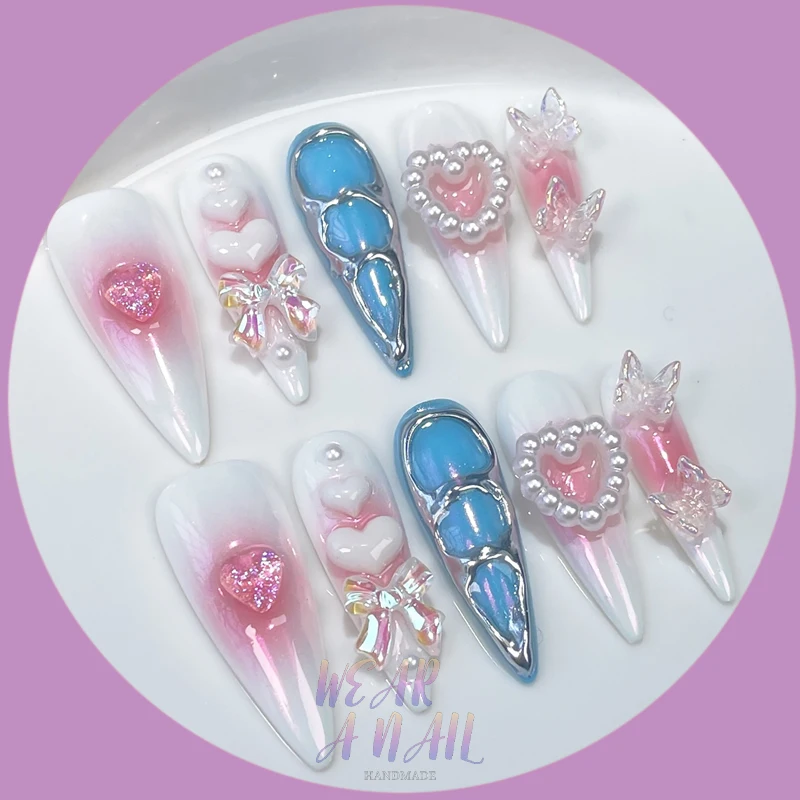 10PCS Japanese Style Ellipse Nails Handmade Sweet 3D Bowknot Rhinestone Design Y2K Almond Press on Nails Wearable False Nails