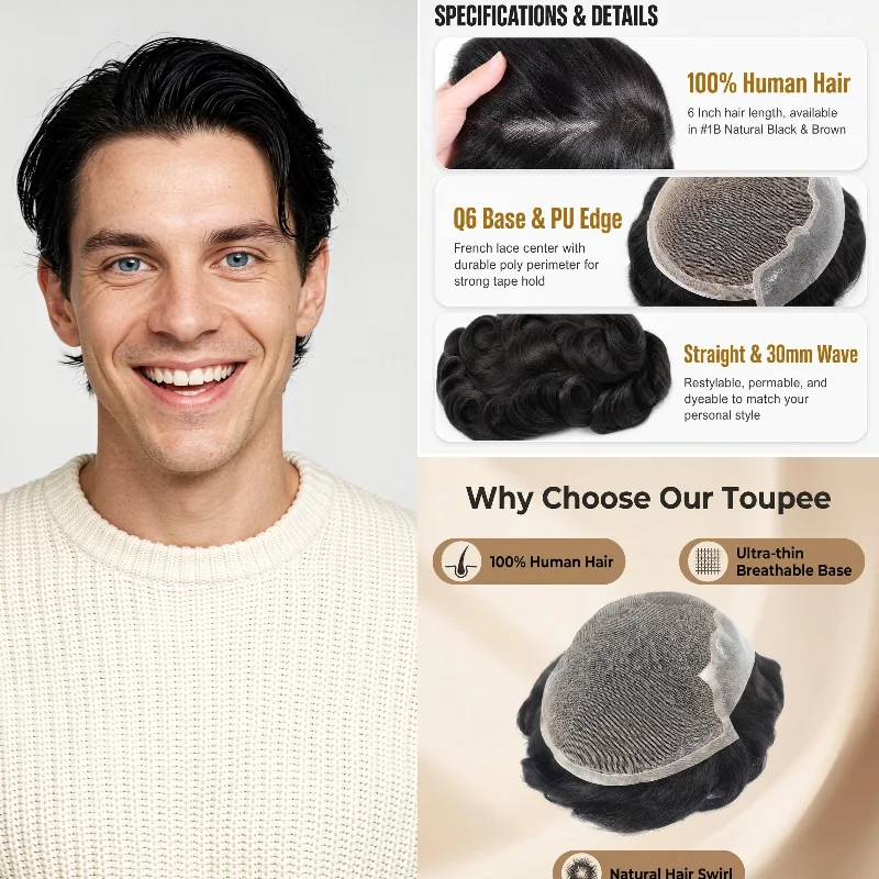 100% Human Hair Q6 Base Men Hair Replacement 6x8 6inch 30mm Wave Lace+PU Handmade Remy Hair Ready Stock 72H Ship Support