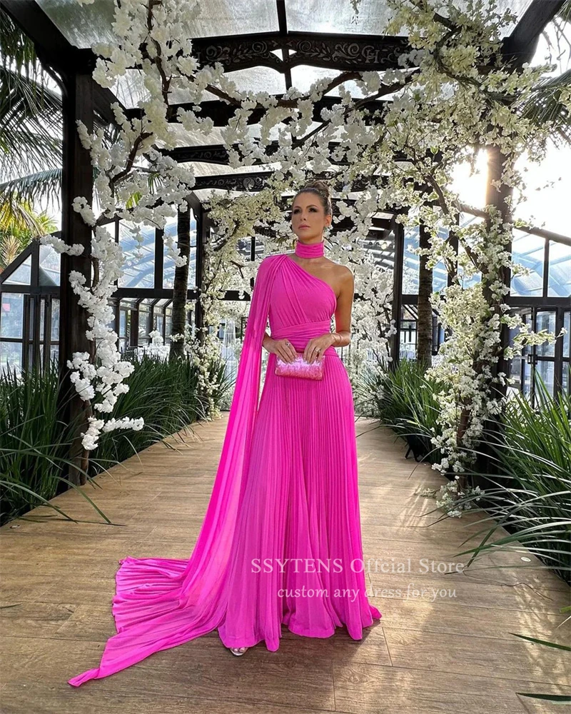 Elegant Pink Chiffon Prom Dresses Pleat Elegant One Shoulder Customized Beach Evening Party Dress Ladies Wedding Celebrity Gowns