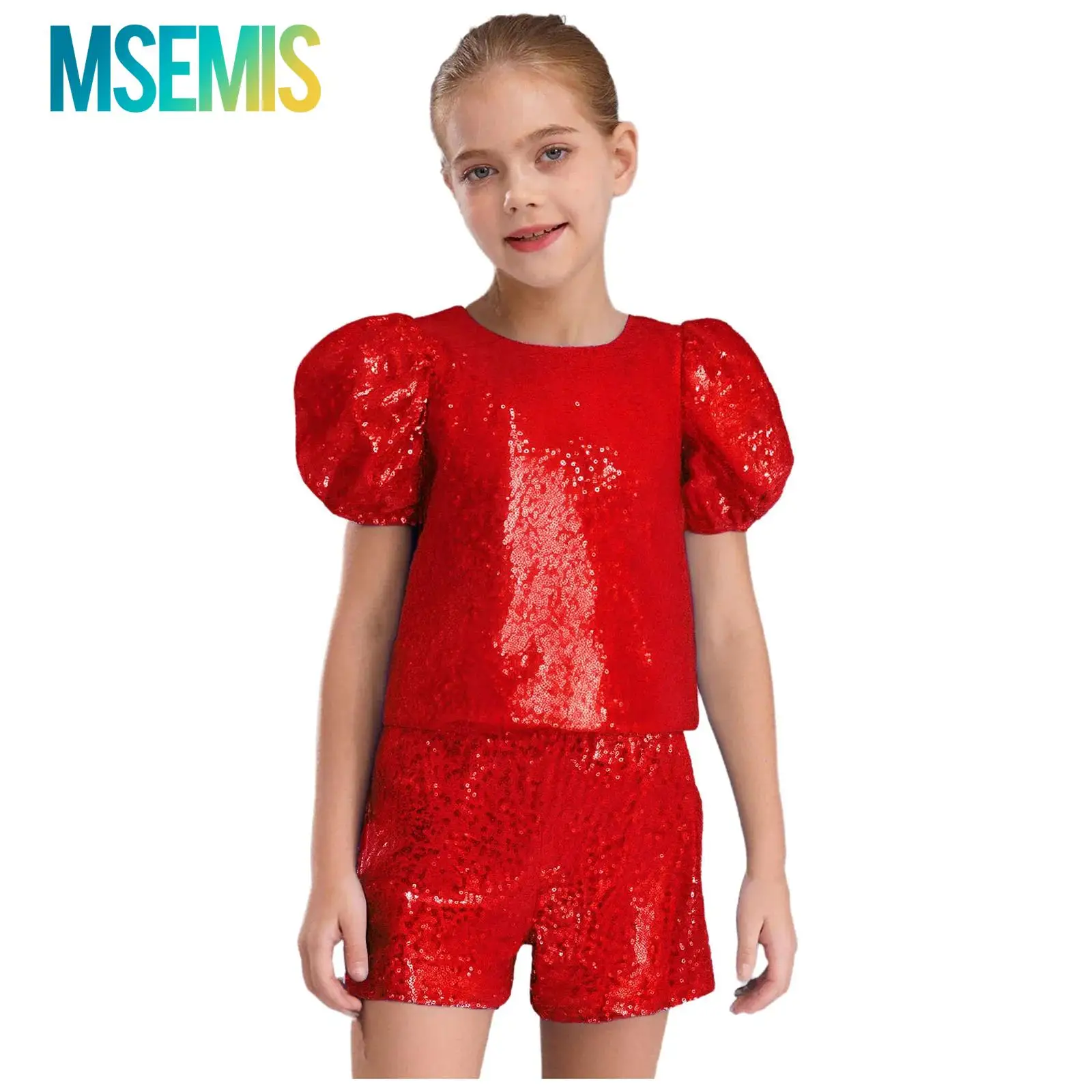 

Детский костюм болельщика для девочек, топ с короткими пышными рукавами и блестящими пайетками и шортами, наряды для выступлений в стиле черлидинга, джазовых танцев