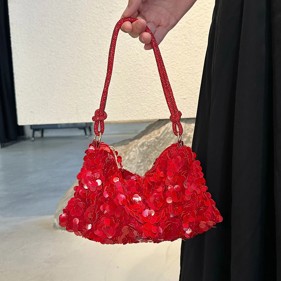 

Красная/белая блестящая сумка для подмышек, тканая сумка ручной работы с бисером и пайетками, вечерние сумки для мобильного телефона, сумка через плечо с узлом для женщин