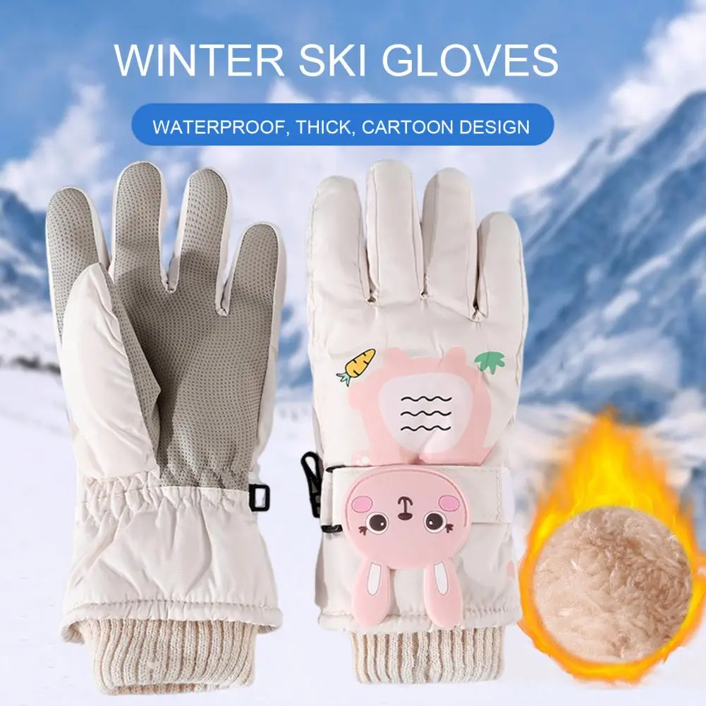 1 Pair Winter Ski Gloves With Adjustable Fastener Tape Cartoon Rabbit Design Fleece Lining Thick Warm Kids Gloves