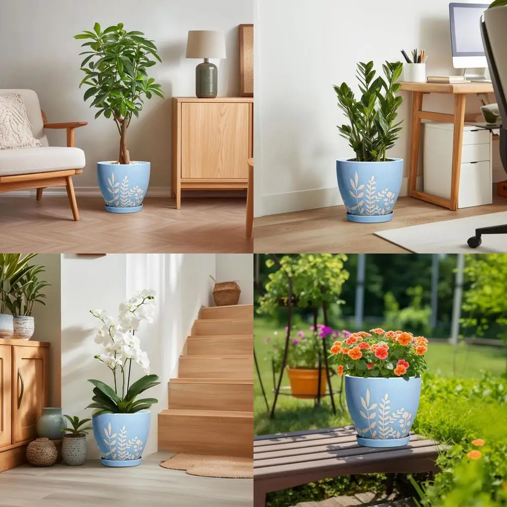 

10-дюймовый круглый цветочный горшок в стиле бохо с дренажем для комнатных и уличных растений, идеально подходит для декора дома и офиса, синий