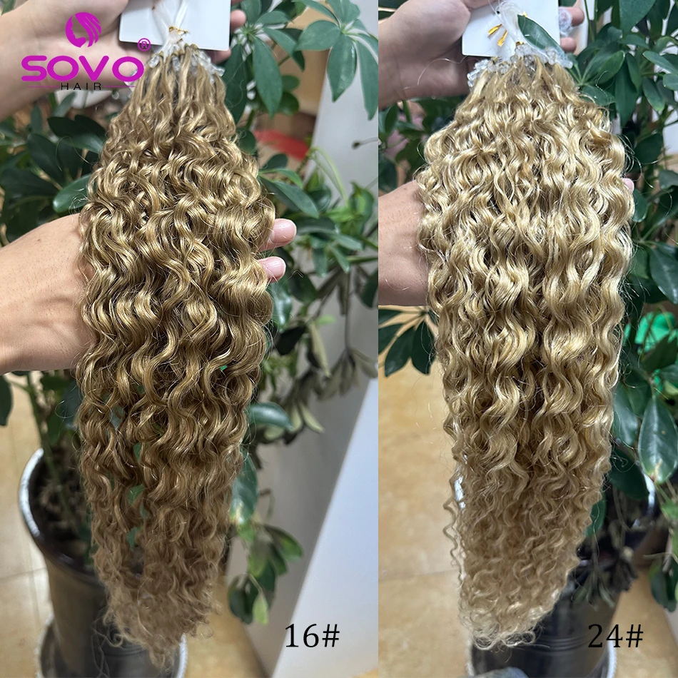 100 Strands Curly Micro Loop Human Hair Extensions Water Wave Natural Micro Beads Rings European Hair Highlight Balayage Blonde