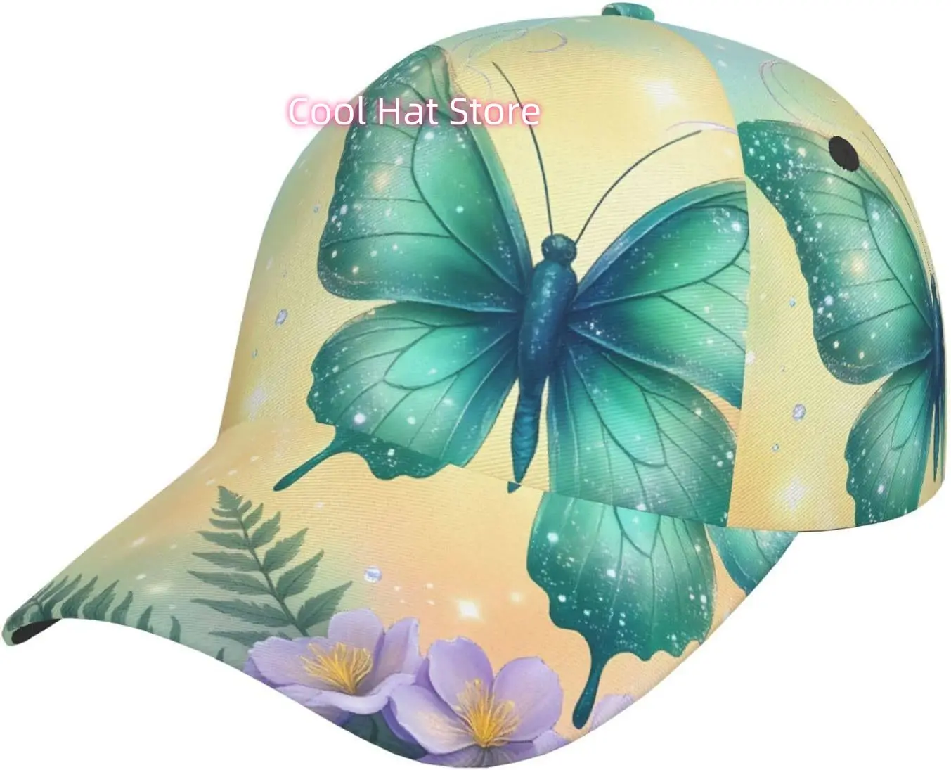 Butterfly and Flower Fantasy Pattern Baseball Cap Adjustable Cotton Baseball Hat for Sports, Outdoor, Travel Gifts for Men Black