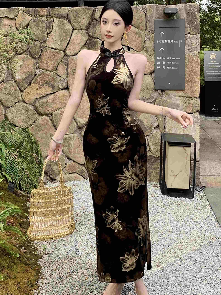 Autumn Black Floral Chic Neck-mounted Sexy Long Dress Women Luxury Elegant Dress Gown 2024 Korean Vintage Bodycon Evening Dress