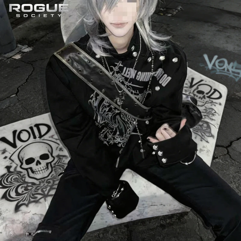 Gothic Angel Print Men  Jacket Grunge Silver Button Y2K Subculture High Street Aesthetic Streetwear Visual Kei Punk Coat Unisex