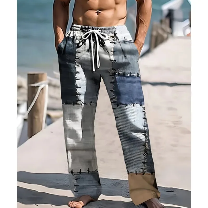 

2025 Summer New Men's Casual Pants 3D Retro Shabby Print Beach Pants 100% Polyester Fiber Lightweight Stretch Cord Sweatpants