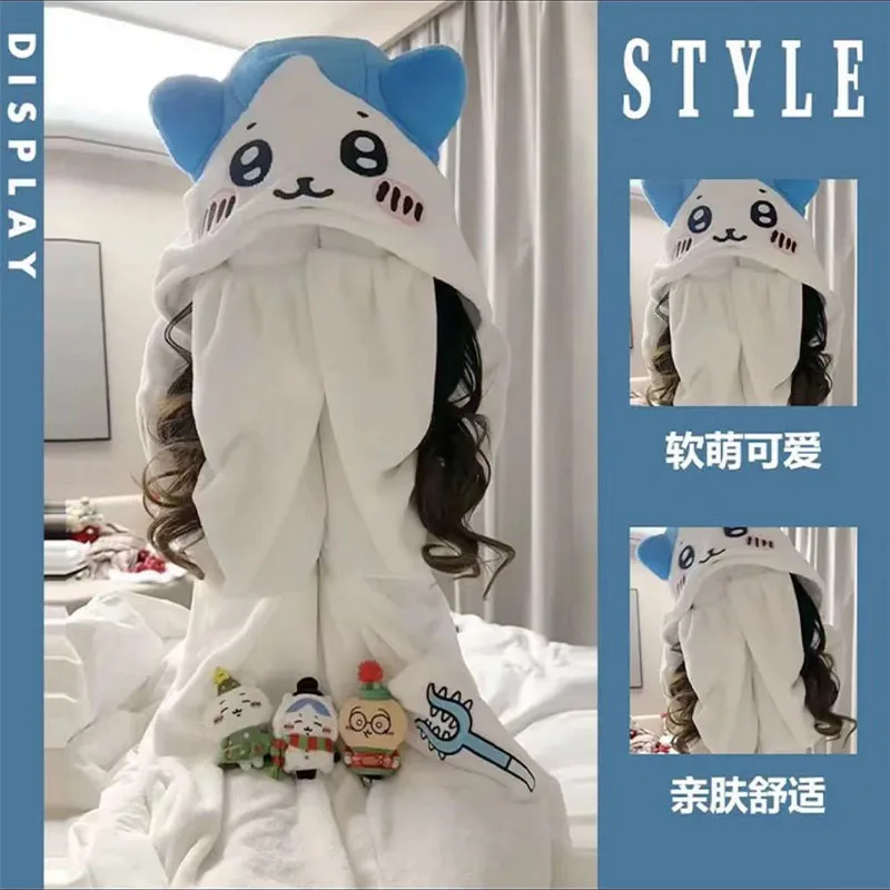 Kawaii Chiikawa Usagi Hachiware Plush Piece Pajamas Anime Cute Flannel Homewear Autumn Winter Girls Student Cartoon Nightwear