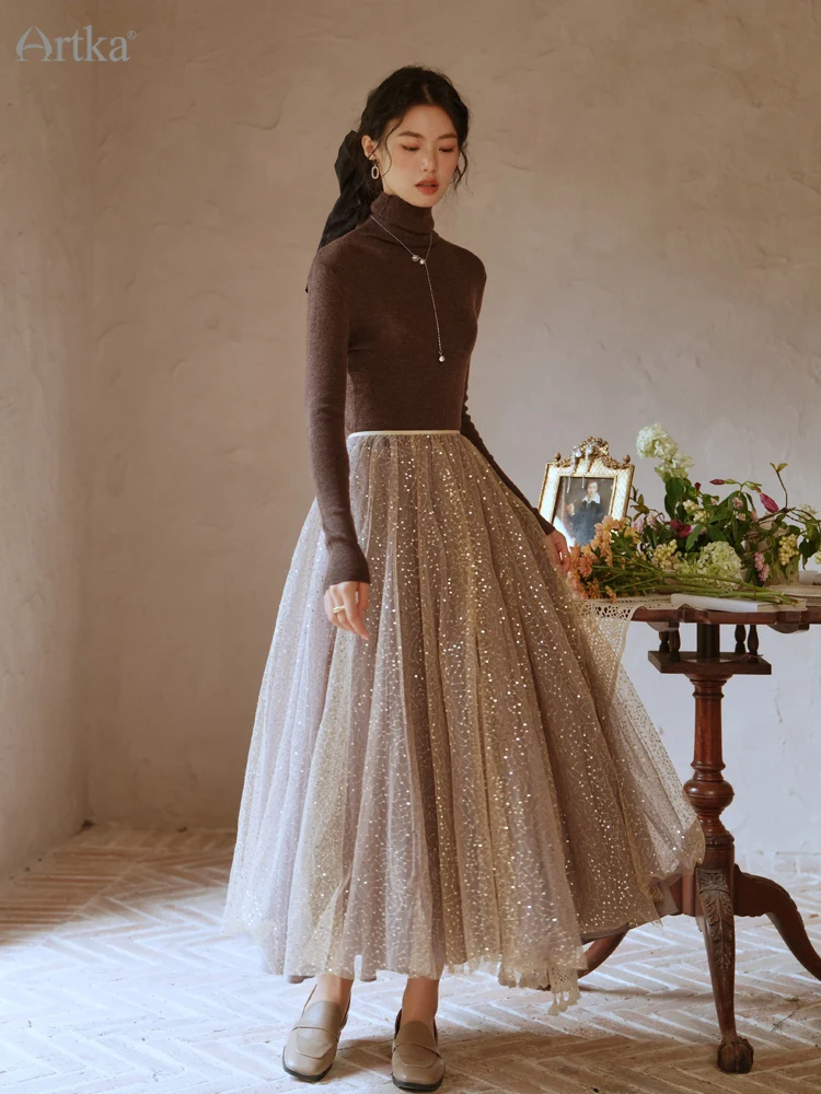 ARTKA 2022 Autumn Winter New Women Skirt Elegant Sequins High-end Multilayer Gauze Skirts High Waist A-Line Long Skirts QA92125Q