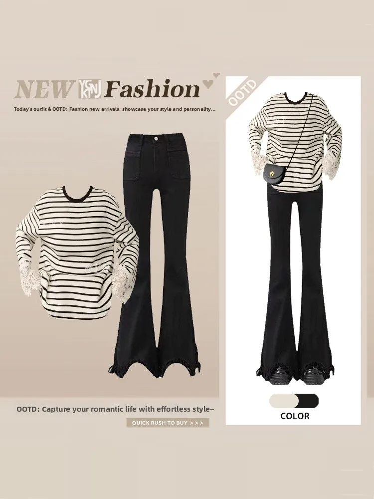 

Retro Hong Kong Sle Women's T-irt Set with Lace Trim Stripes Micro Flared Jeans Spring Faion Mature Light Clothing