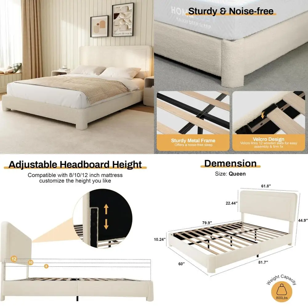 

Modern Cream Queen Size Bed Frame with Headboard, Rounded Corners, No Box Spring Needed, Adjustable Height