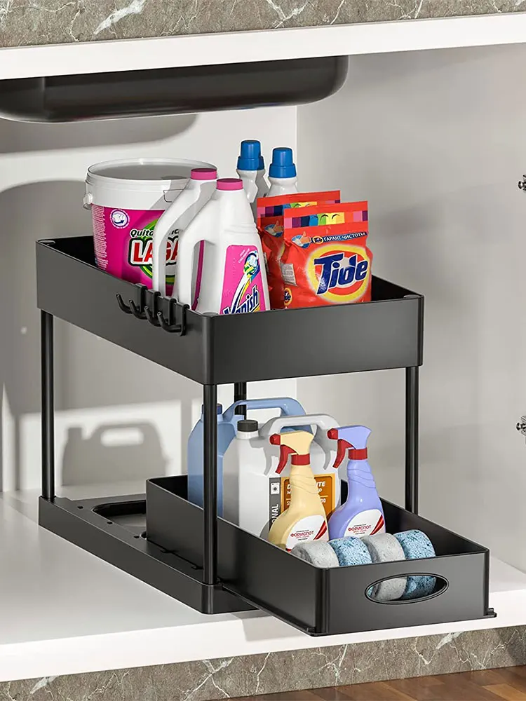 

2 Tier Under Sink Organizer Sliding Cabinet Basket Organizer Storage Rack with Hooks Hanging Cup Bathroom Kitchen Organizer