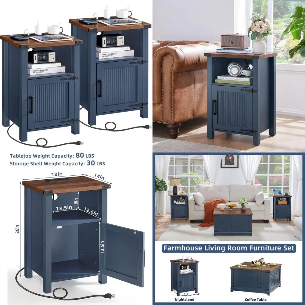 

Pair of Farmhouse Style Wooden Nightstands with Charging Station and Open Storage Shelf