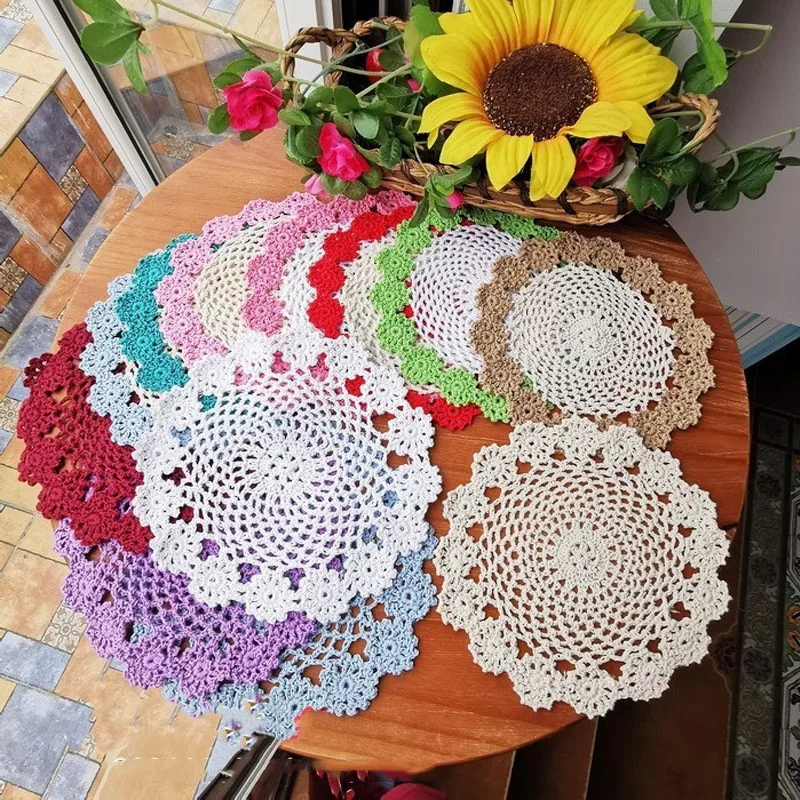 Colorful round Crochet cotton handmade flower placemat coaster Christmas table place mat cloth Table decoration and accessories