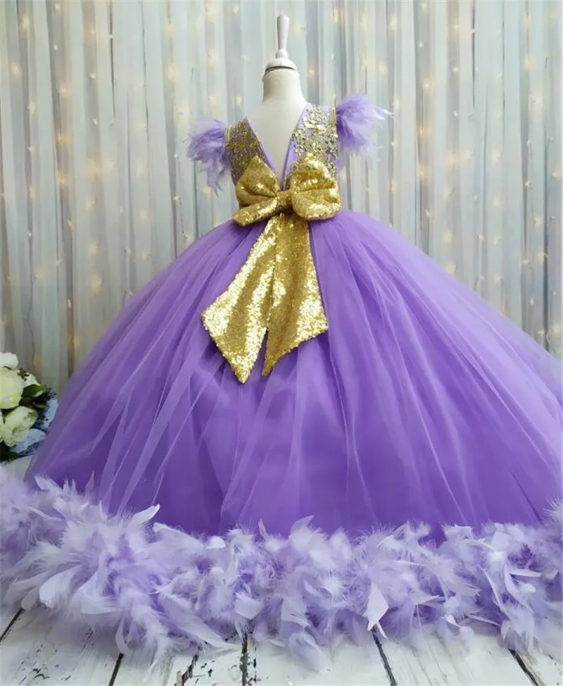 

Purple Flower Girl Dress Gold Bow Scoop Neck Princess Wedding Party Dress First Communion Gown Girls Birthday Dress