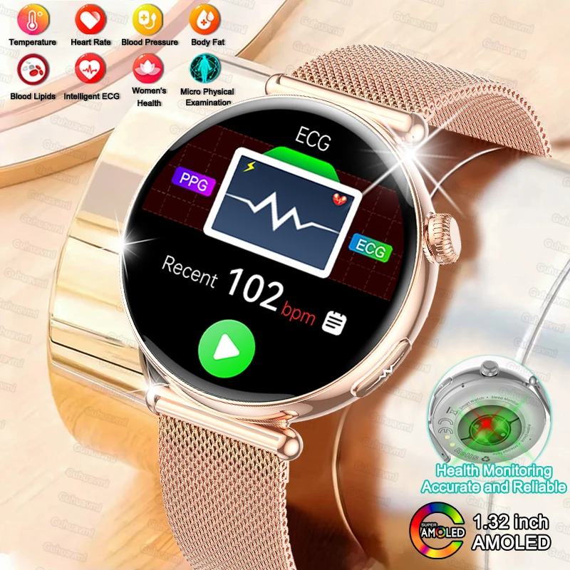 

2026 Nursing level BMI Blood Pressure Blood Lipid Uric Acid Health Smart Watch Women 1.32 AMLOED Intelligent ECG Smart Watches
