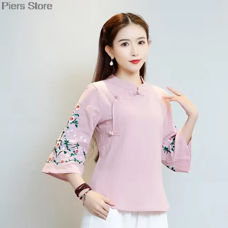 2024chinese style traitional hanfu blouse autumn spring jacquard traditional qipao lady long sleeve cheongsam hanfu blouse