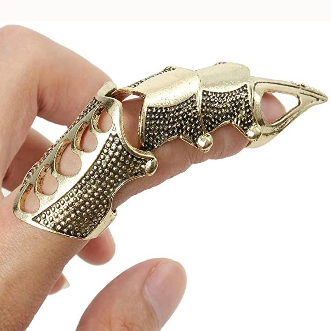 Gothic Punk Knight Skull Armour Knuckle Full Finger Rings for Women Gold Alloy Adjustable Ring Party Jewelry Accessories Gifts