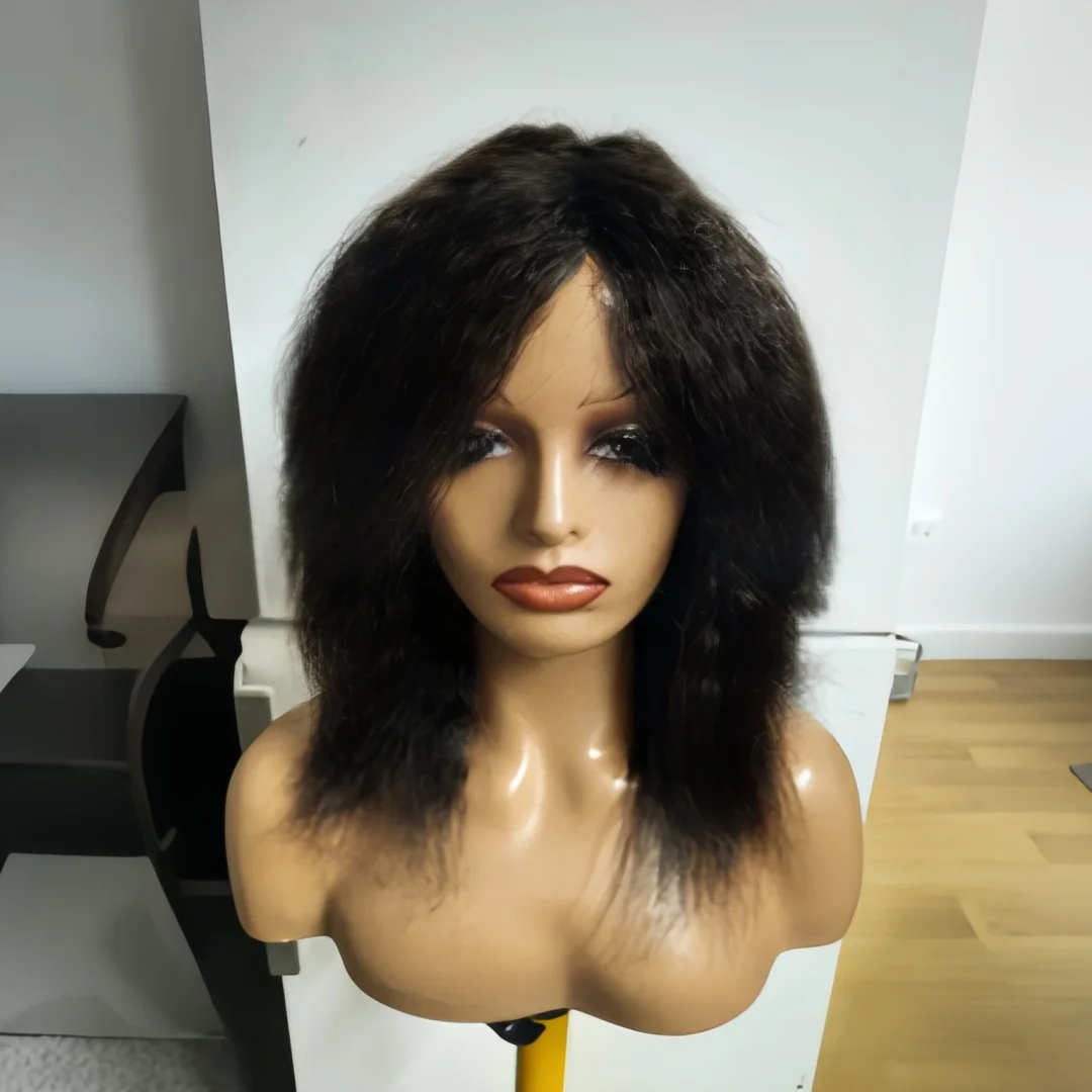 

Kinky Straight 16Inch Black Yaki Short Bob Wig for Women 13x4 Lace Front Synthetic Glueless Daily Wig with Baby Hair