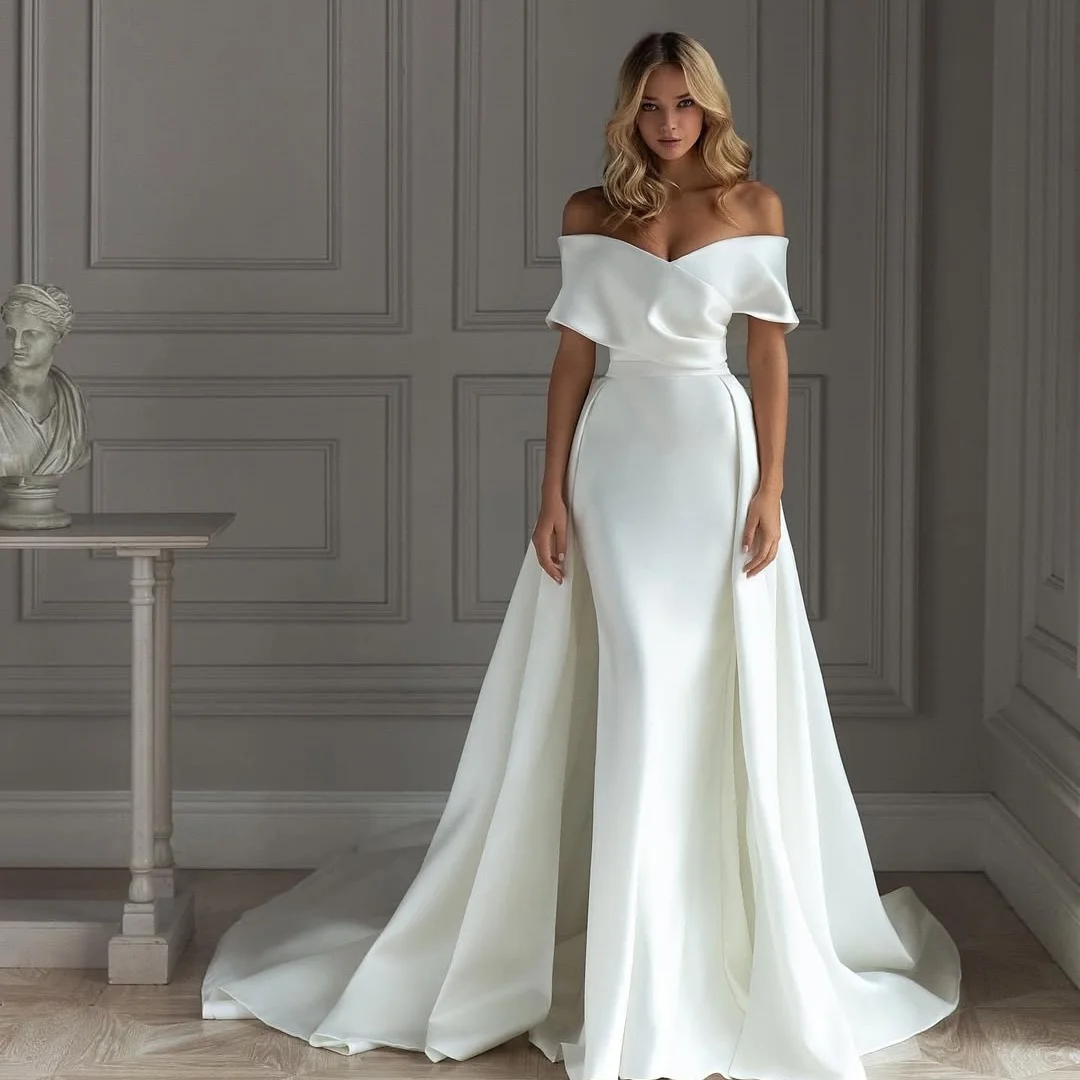Custom Off Shoulder Satin Mermaid Wedding Dress 2026 Detachable Hidden Pockets Court Train Simple Bridal Gown  Vestido De Novia