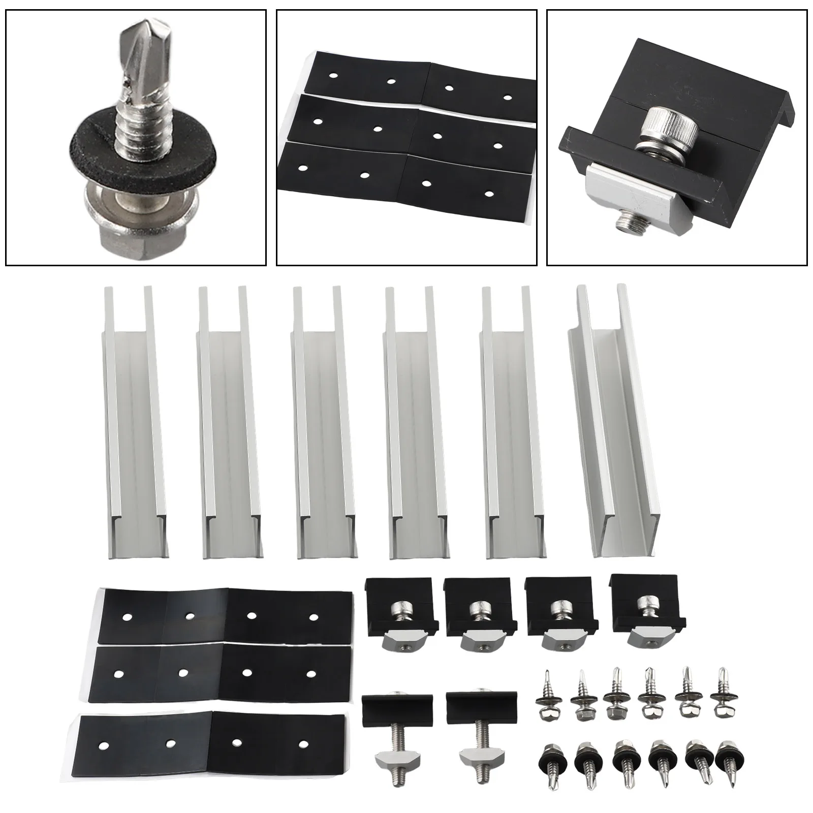 PV Solar Module Bracket Mounting Rail Kit Aluminium Rail Flat Roof End/Middle Clamp Set 20cm Length 30-35cm Adjustable Clamp