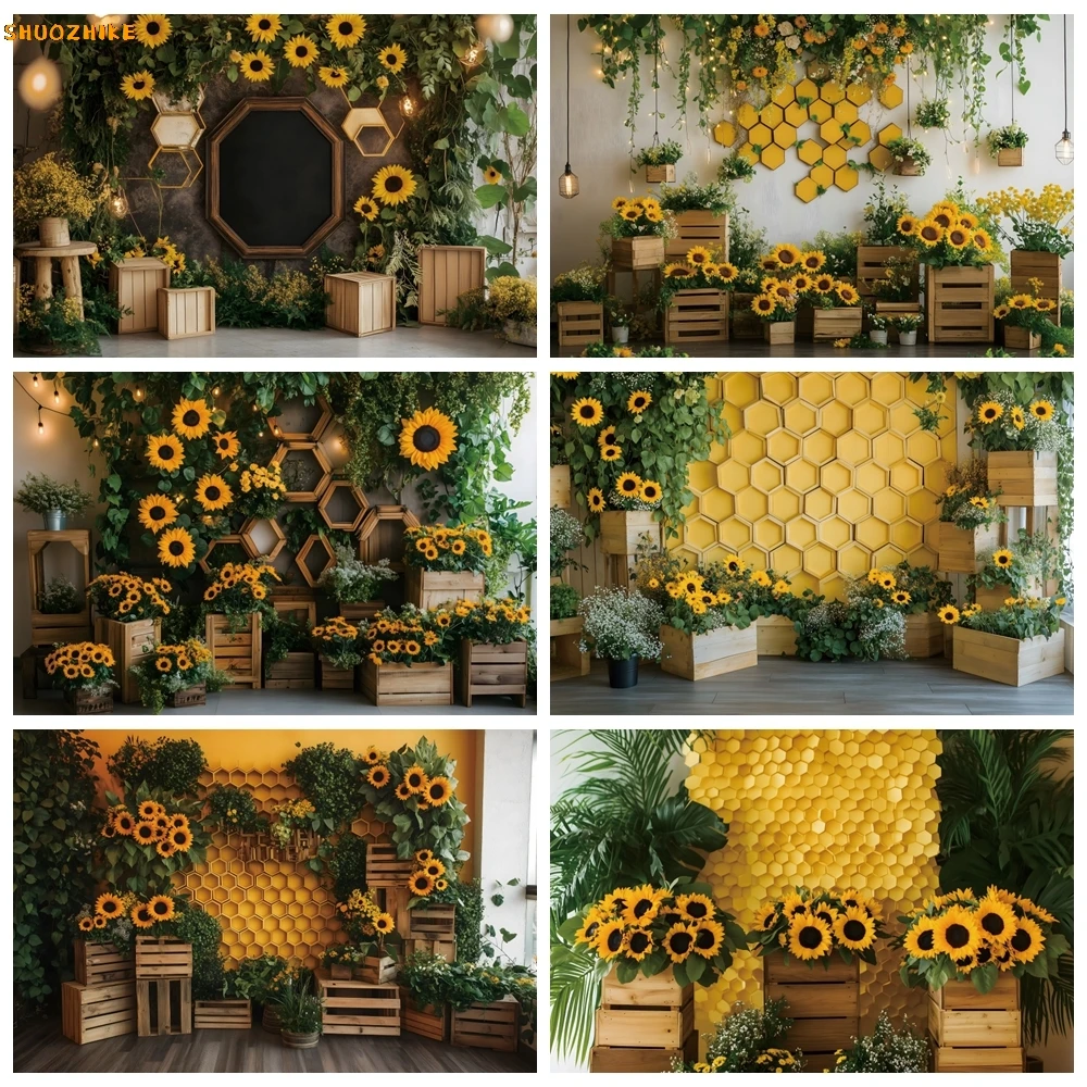 

Rustic Wooden Board Sunflower Green Grass Backdrop Sweet Honeycomb Girl Birthday Bridal Shower Wedding Photography Backgrounds