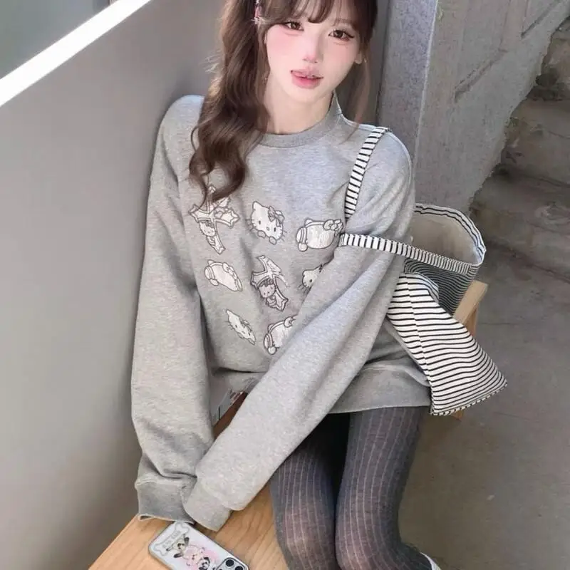 

Пуловер Sanrio Hello Kitty в корейском стиле, серый с принтом, с круглым вырезом, с длинными рукавами, женская толстовка свободного кроя для весны и осени, в стиле lazy style