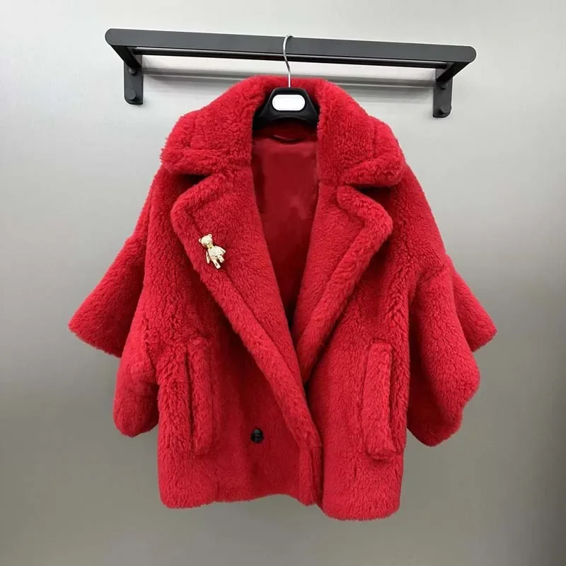 Teddy Bear Solid Color Cape Style Women Coat Winter Short Length Thick Warm Turn-Down Collar Sheep Wool  Alpaca  Silk