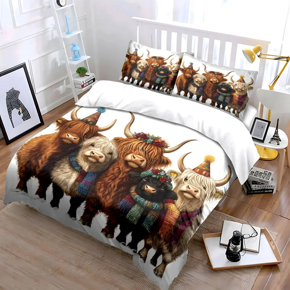 Five fluffy cows celebrating party Pattern Duvet Cover Set Digital Print Colorful Polyester Bedding with Zipper Closur for gifts