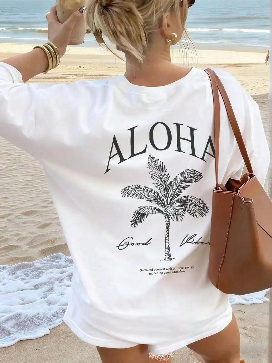 

Womens Aloha Palm Tree Print Casual Round Neck Short Sleeve T-Shirt Resort Style Graphic Tee