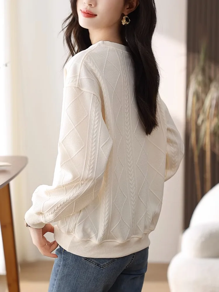 Felpa con cappuccio da donna ampia bianca Casual Top Commute Sle Long Sve round Ne Pure Color Autunno Inverno plus Size Faion Trend