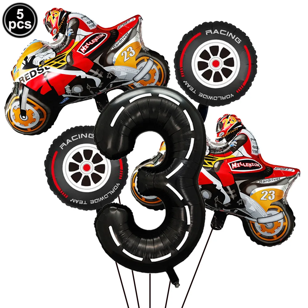 5Pcs Motorcycle Foil Balloon Black Number Motorcycle Wheel Tire Balloon Boys 5th Birthday Party Racing Car Theme Party Decor