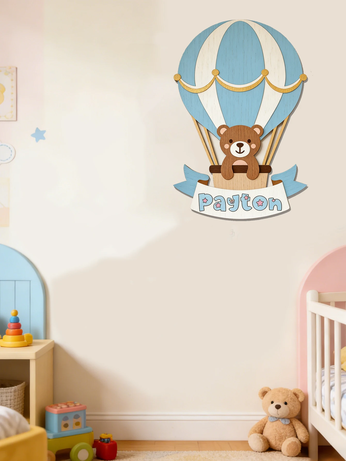 Custom Bear Hot Air Balloon Wooden Name Sign Banner Plaque Neutral Boy Nursery Wall Table Decor Newborn Bedroom Keepsake Gift image 6