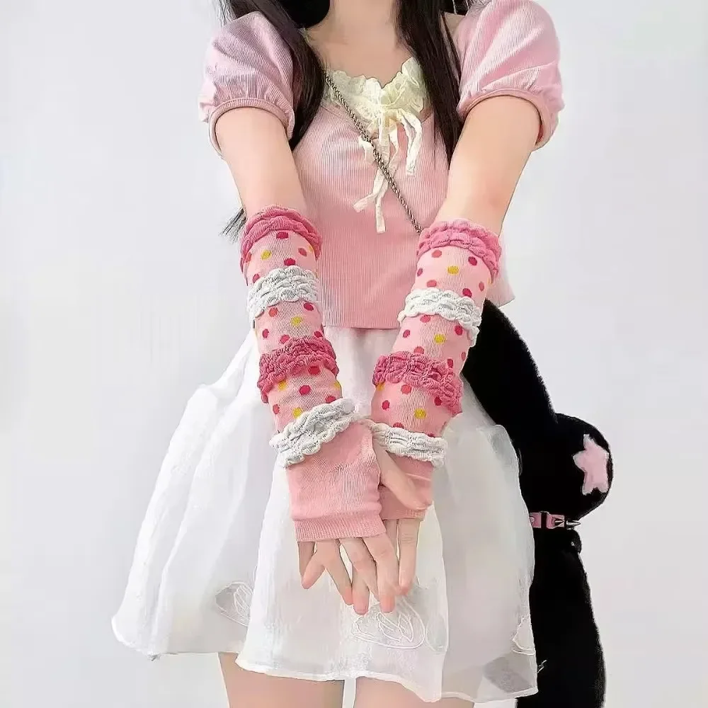 Cute Arm Warmers Kawaii Ruffle Gloves Fingerless Polka Dot Pink Arm Cover Japanese Style Y2K Accessories for Women