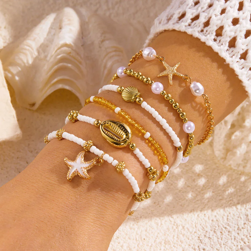 Conjunto de Pulseras Boho con Conchas para Mujer, con Dijes de Estrella de Mar, Pulseras Apilables con Cuentas, Joyería de Mano Bohemia para Vacaciones de Verano, Regalo Y2K