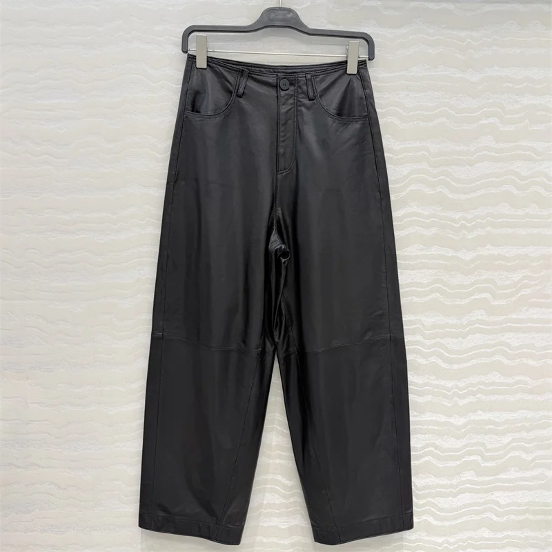 Women's pants New high waisted slim fit straight leg pants for autumn 2026 100% sheepskin patchwork wide leg pants casual pants
